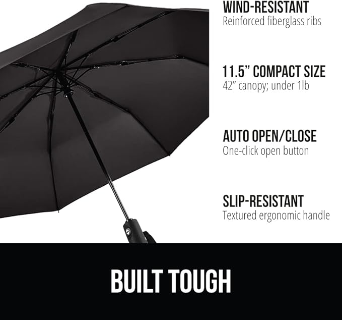 GORILLA GRIP Strong Stick Umbrella for Rain Compact Travel One-Click Automatic Open Close Lightweight Portable US Designed Reinforced Fiberglass Ribs Wind Resistant Easy Collapse Black Sky Blue 2 Pack