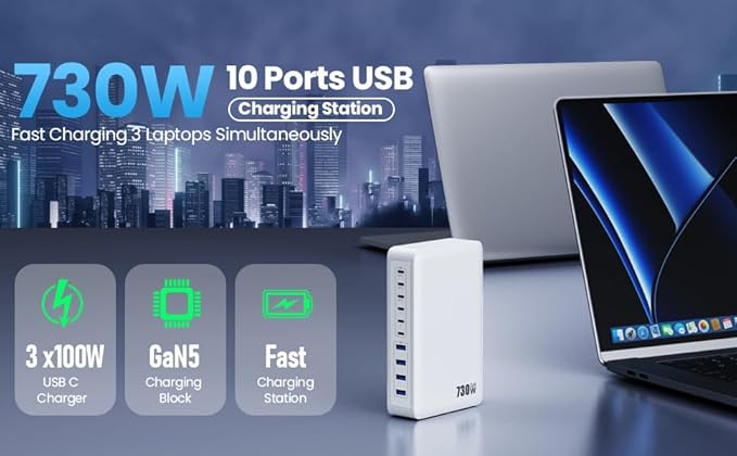 730W USB C Charger Block,10-Ports GaN V Fast Charging Station Hub,QC4.0+3 PD 100W Laptop Charger Wall Power Adapter for MacBook Pro/Air,DELL,iPhone 17/16/15/14,iPad,Galaxy S25,Pixel,Steam Desk-Black