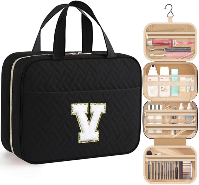 HOTOR Travel Toiletry Bag - Personalized Chenille Initial Makeup Bag, Water-Resistant Personalized Gifts for Women, Portable Travel Accessories & Essentials, Letter V, Black, 11.4"×9.0"×3.35"