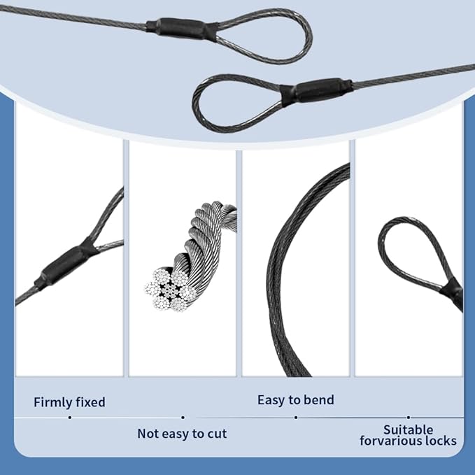 3.3mm (1/8 Inch) Outdoor Travel Stainless Steel Security Cable-30ft Luggage Lock Safety Wire Flexible Steel Wire Rope with Double Loop Safety for Luggage, Bike, Lock(Black, 30ft-(1Pack)