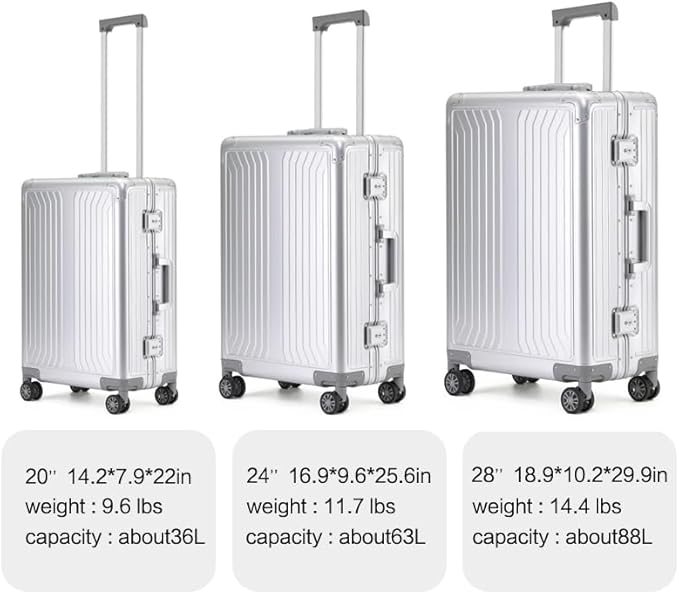 Metal all aluminum carry-on suitcase 20 "hard face, TSA lock and rotating wheel zippered luggage set (blue, 2Piece(20/28))