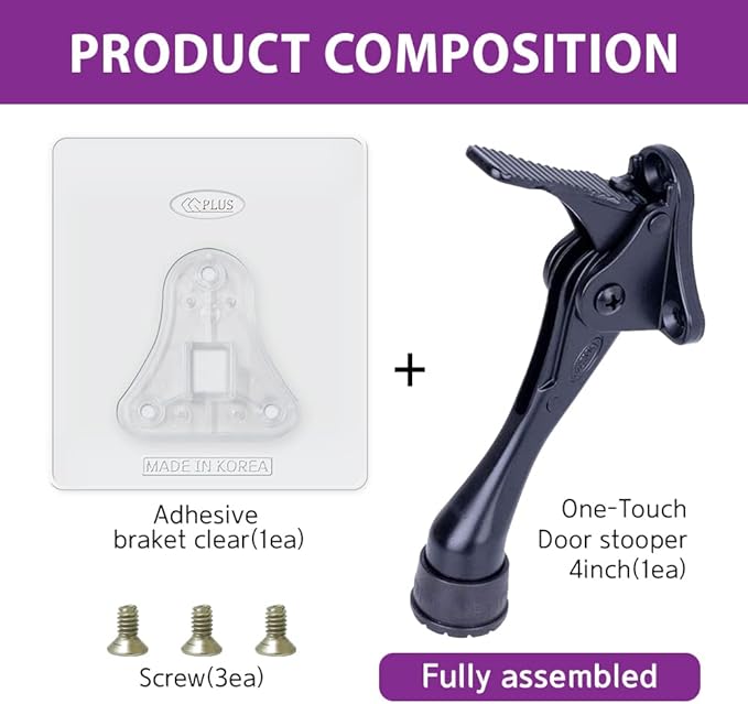 Door Stopper with Adhesive Bracket Stickers, No Drilling or Tools Needed, Available for All Doors, Door Holder, Heavy Door Stop, KickDown Door Stoppers, Bottom of Door by HASHI (Black/Bracket)