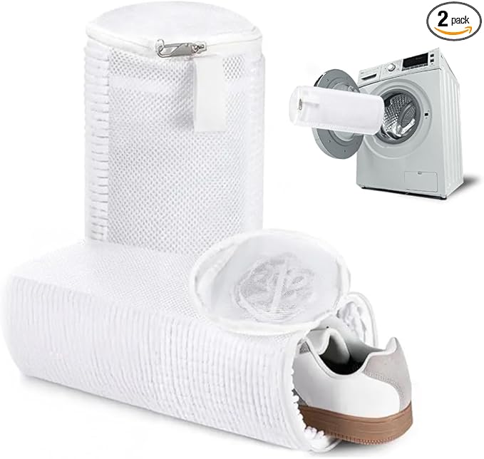 EPSCY Shoe Washing Machine Bag 2 Pack - Reusable Deep Clean Sneaker Bags - Fits All Shoe Sizes & Types, Self-Locking Zipper, Protects Machine (White)