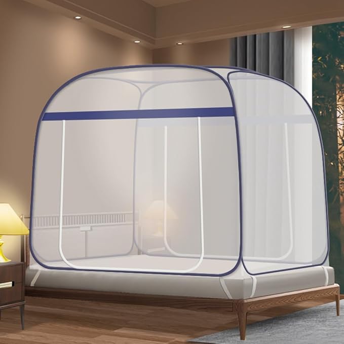 Pop-Up Mosquito Net Tent for Beds Portable Folding Canopy with Net Bottom, Fits Twin to King Size 79x71x59inch, Easy Install Wash for Baby Adults, Indoor Outdoor Use (Blue-Queen Bed)