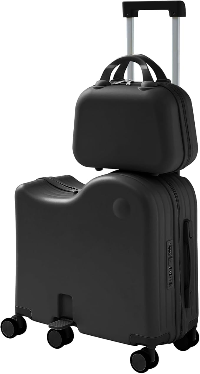 TABU Ride-on Luggage with Handbag for Kids，Hardshell Carry On Suitcase with Hidden Cup Holder, Foldable Pedal,Type-C & USB Interface, TSA Lock, 6-Spinner Wheels, Black