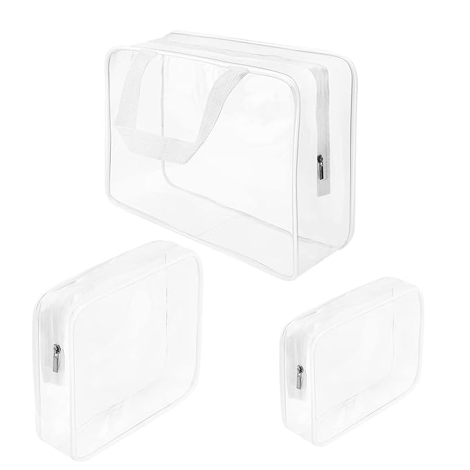 3Pcs Crystal Clear PVC Travel Toiletry Bag Kit for Women Men, Waterproof Vinyl Organizer Clear Makeup Bags with Zipper Handle Straps, Cosmetic Bag Pouch Carry on Airport Airline Compliant Bag Handbag