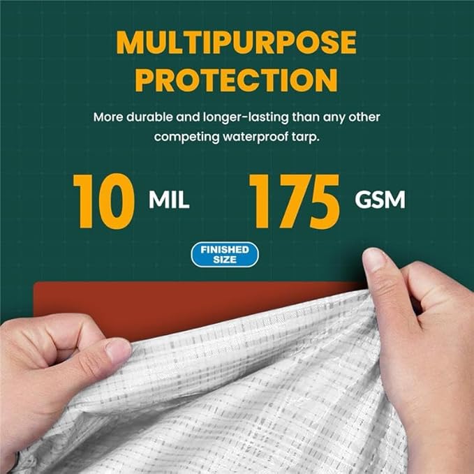 Large Waterproof Tarp - Heavy Duty 10 Mil Thick Poly Tarpaulin Ideal for Canopy Tents, Boats, RV or Pool Covers - Multipurpose Protective Tarps with Grommets for Indoor and Outdoor Use | 16' x 20'