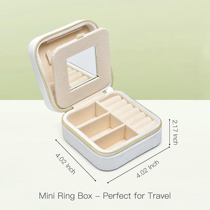 TAIMY Travel Jewelry Case,Small Plush Velvet Travel Jewelry organizer,Portable Mini Travel Jewelry Boxes for Rings Earrings Necklaces Bracelets(White,with Mirror)