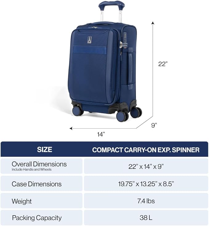 Travelpro VersaPack+ Lightweight Softside Expandable Carry on Luggage, 8 Spinner Suitcase, TSA Lock, Men and Women, Compact Carry On 20-Inch, Elemental Blue