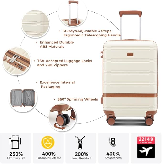 Luggage Sets, Suitcase with Spinner Wheels, PC+ABS Hardshell Travel Luggage Set with TSA Locks,Lightweight Rolling Luggage，Carry on suitcase with YKK Zippers (Black)