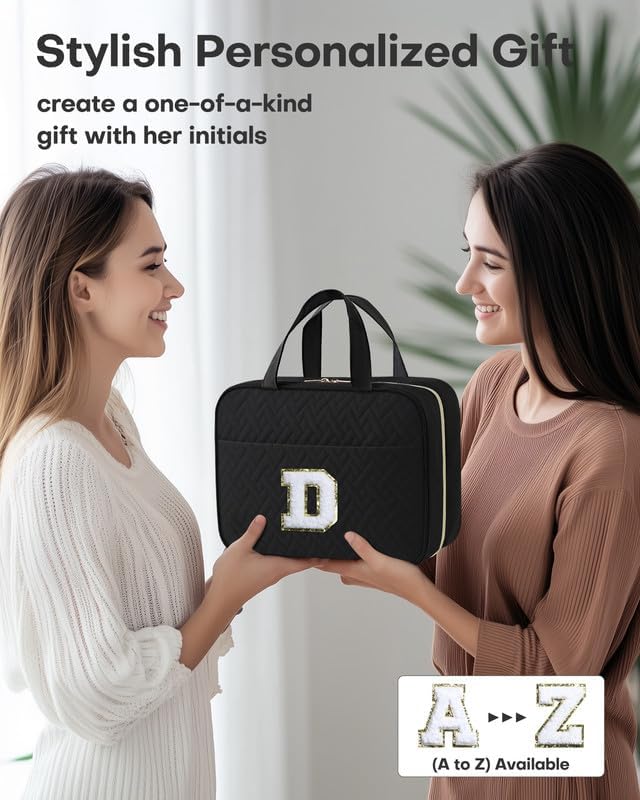 HOTOR Travel Toiletry Bag - Personalized Chenille Initial Makeup Bag, Water-Resistant Personalized Gifts for Women, Portable Travel Accessories & Essentials, Letter D, Black, 11.4"×9.0"×3.35"