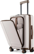 NINETYGO Carry On Luggage 22x14x9 Airline Approved, 20 Inch Suitcase with Front Compartment & Cup Holder, Coffee-Infused PC Hard Shell, Eco-Friendly, TSA Lock, 360° Spinner Wheels (Oats White)