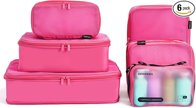 6 Set Compression Packing Cubes for Travel, Large Medium Small Luggage Organizers, Storage Bags for Clothes (6 Pack, Rose Red)