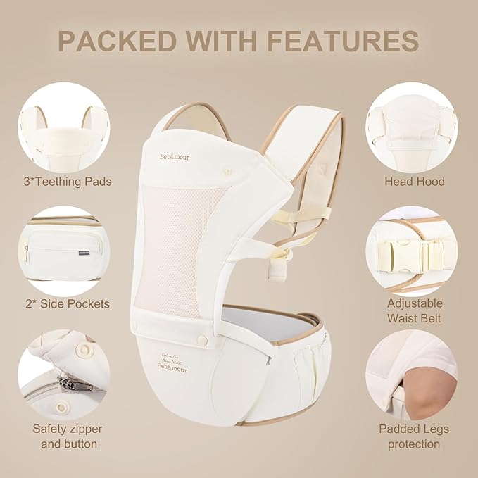 Bebamour Baby Carrier with Hip Seat,All-Position Breathable Mesh Hip Seat & Carrier 0-36Months with Head Hood, 3 PCS Teething Pads, Waist Extender,Storage Bag & Pacifier Case (Pink)