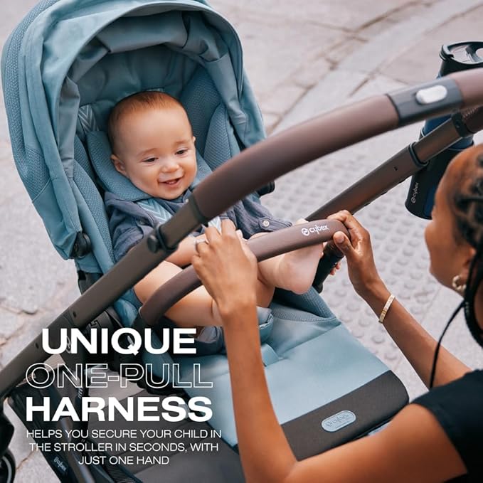 Cybex Balios S Lux Toddler and Baby Stroller with Reversible Seat, Unique One-Pull Harness, and Multiple Recline - Travel System Ready, with One Hand Fold, Taupe Frame/Sky Blue Seat