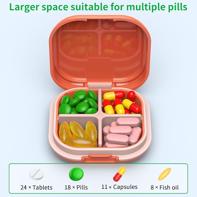 Daily Pill Organizer 4 Compartments, Small Pill Box Portable Travel Pill Case, Mini Pill Container for Purse Pocket, Compact Travel Medicine Organizer for Vitamin, Cod Liver Oil, Supplement