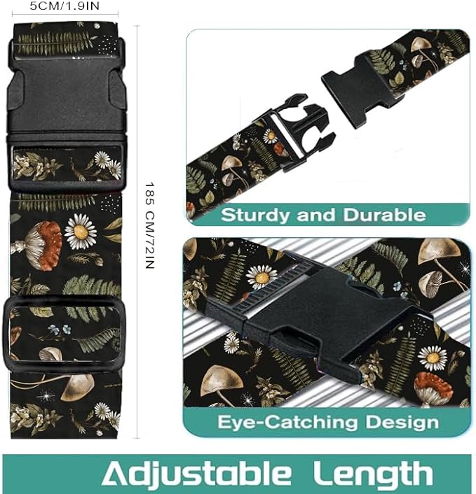 Luggage Straps for Suitcases Travel Belt Accessories, Cute Suitcase Strap, Adjustable Luggage Belt Strap, Heavy Duty with Quick-Release Buckle Luggage Strap Boho Mushrooms