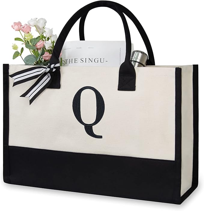 TOPDesign Embroidery Initial Canvas Tote Bag, Personalized Present Bag, Suitable for Wedding, Birthday, Beach, Holiday, is a Great Gift for Women, Mom, Teachers, Friends, Bridesmaids (Letter Q)