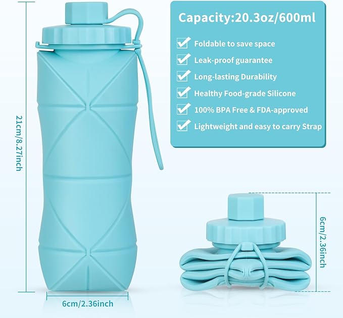Silicone Collapsible Water Bottles,Lightweight Reusable Leakproof For Traveling Camping Hiking Cycling Sports Outdoor,Foldable Portable Travel Water Bottle 600ML Dark Blue And Pink 2Pack.