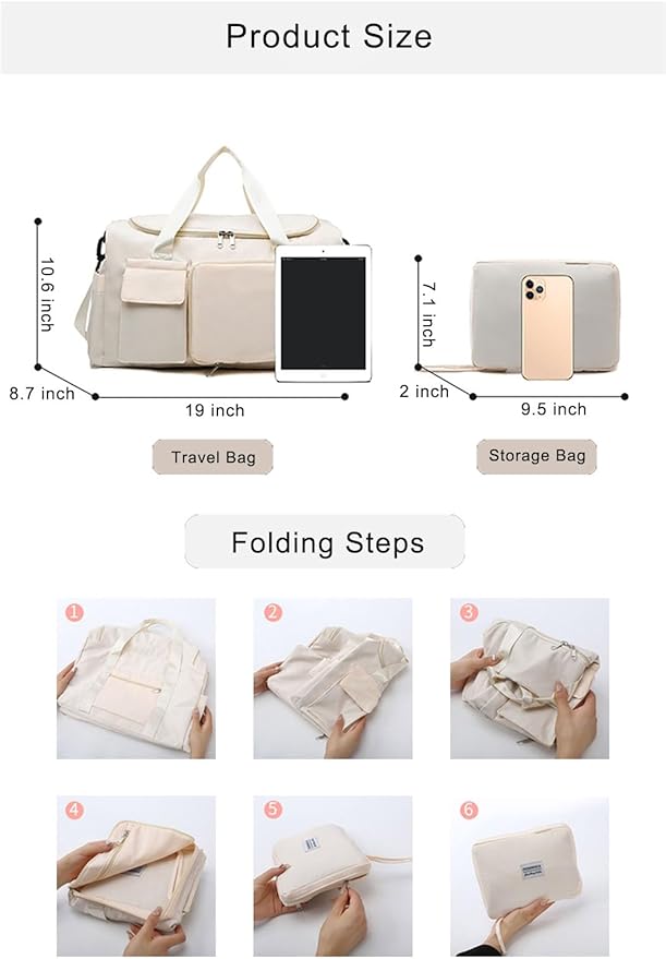 Multipurpose 20L Foldable Duffel Bag Gym Yoga Bag Carry-On Shopping Sack Travel Organizer Cabin Bag Sundry Package Wet&Dry Compartment (Gery)