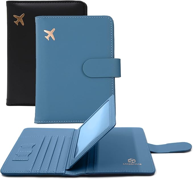 Melsbrinna Unisex-Adults RFID Blocking Travel Passport Cover/Case, Cute Passport Wallet with 10 Compartments, Black Blue