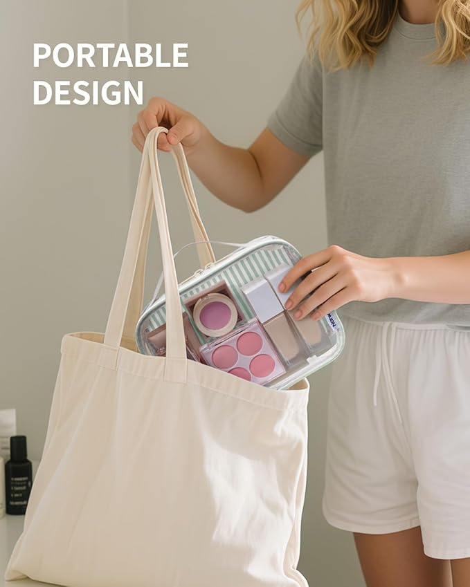 Narwey TSA Approved Clear Toiletry Bag for Travel, Waterproof PVC Clear Makeup Bags, Portable Compact Cosmetic Bag Make Up Organizer, Airport Airline Quart Size Compliant Bag (Mint Green Stripe)