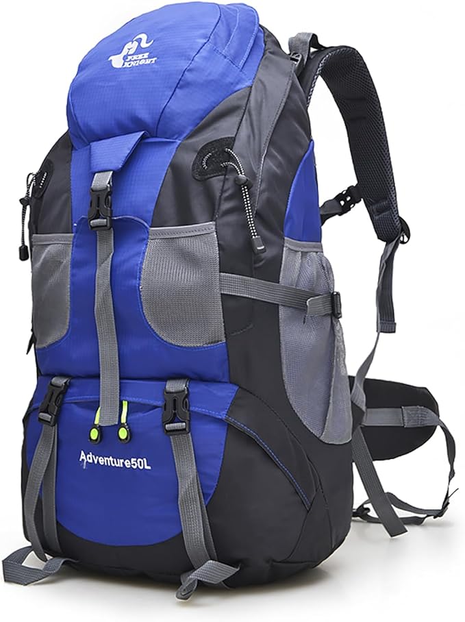 Bseash 50L Hiking Backpack, Water Resistant Lightweight Outdoor Sport Daypack Travel Bag for Camping Climbing Skiing Cycling (Blue - No Shoe Compartment)