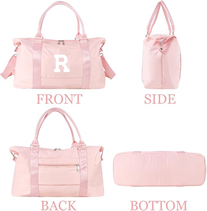 Initial Travel Duffel Bag Sports Gym Bag for Girls Teen Birthday Gifts,Pink Personalized Weekender Bag Carry On Tote Bags for Women Men,Waterproof Overnight Luggage Bag with Trolley Sleeve(Letter R)
