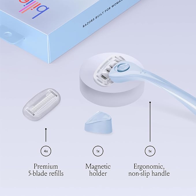 Billie Razors for Women Shave Kit with Women’s Razor, 4 x 5-Blade Razor Refills, Magnetic Holder - Cool Blue and Malibu