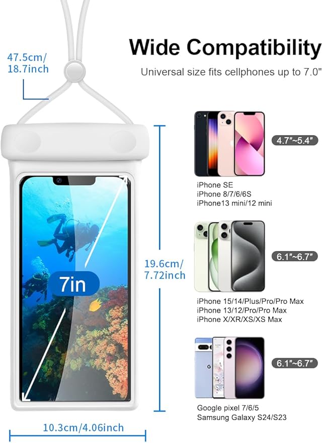 wellhouse Waterproof Phone Pouch, Waterproof Phone Case for iPhone 16 15 14 13 12 Pro Max XS Samsung, IPX8 3D Cellphone Dry Bag Beach Essentials (2 Pack - Duke Green & White7.0, 7 inch)