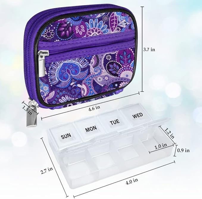 Serfeymi Weekly Travel Pill Organizer Pill Case for Purse with Removable 7 Day Pill Box, Fashionable Travel Medicine Organizer Pill Container for Medicine, Vitamin, Supplement - Black 01 + Purple 01