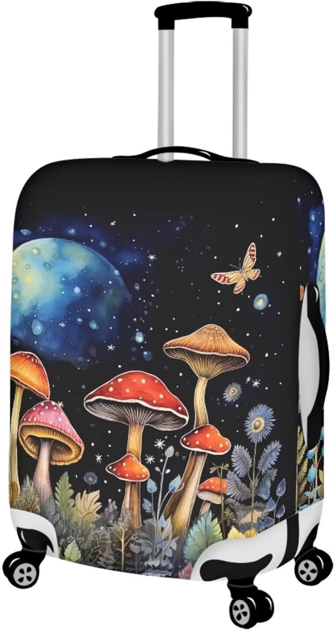 Butterfly Mushroom Print Travel Suitcase Cover Protector Elastic Zipper Closure Fit 18-21 Inch Luggage