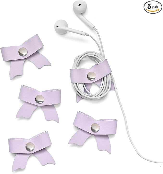 SenseAGE 5 Pack Cord Organizer, Bow Cord Keeper, Cable Organizer USB Holder, Leather Cable Management, Cable Straps, Earphone Winder, Storage Straps for Electronics, Earbuds, Small, Purple