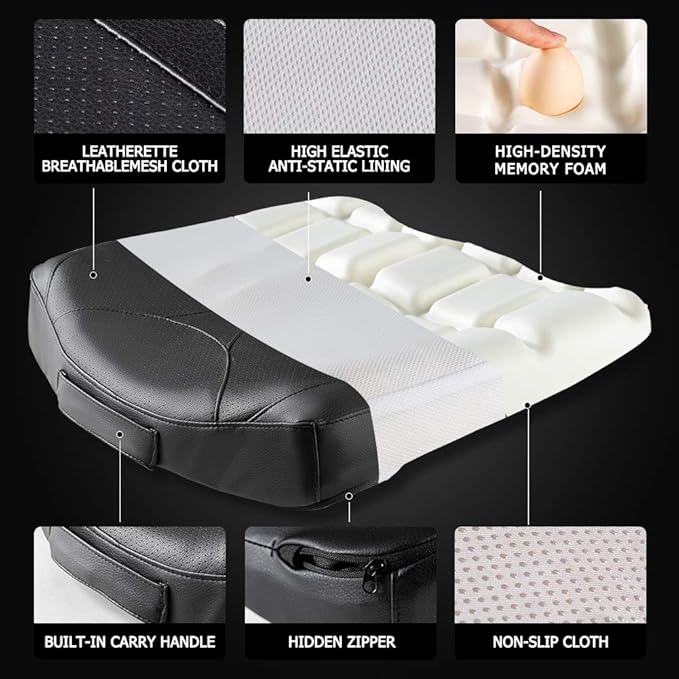 Leather Car Memory Foam Heightening Seat Cushion for Short People Driving, Hip(Coccyx/Tailbone) and Lower Back Pain Relief Butt Pillows, Adult Booster Seat for Car,Truck,SUV, Office Chair.
