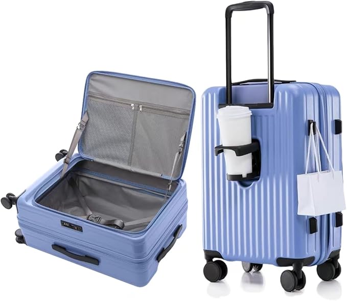 HotWay 19 Inch Expandable Carry On Luggage with Cup Holder, Hardside TSA Approved Luggage with Spinner Wheels, Top Opening Suitcase For Travel, Blue