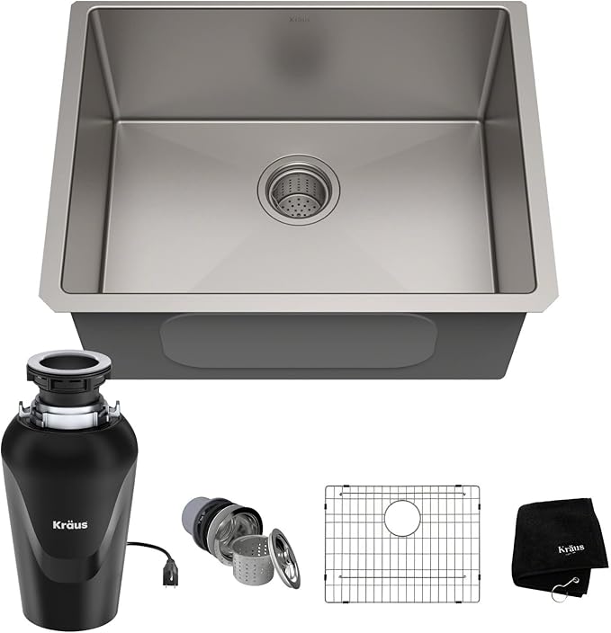 KRAUS Standart PRO™ 23-inch 16 Gauge Undermount Single Bowl Stainless Steel Kitchen Sink with WasteGuard™ Continuous Feed Garbage Disposal, KHU101-23-100-75MB