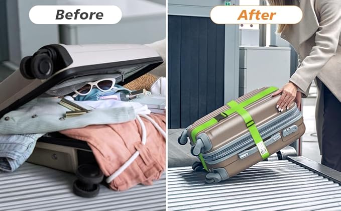 BILIONE Luggage Straps 88 inch Adjustable Suitcase Belt, Lockable Against Accidental Opening, Easy to Identify Travel Accessories, Add a Bag Connector (Vibrant Orange + Green, 4)