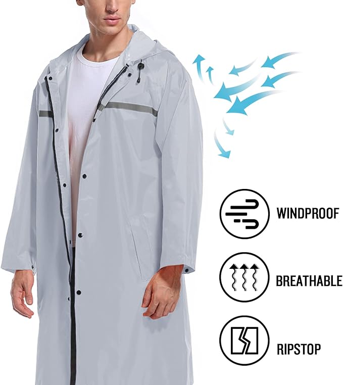 Mens Long Hooded Safety Rain Jacket Waterproof Emergency Raincoat Poncho