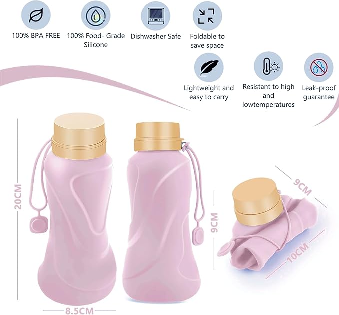 Collapsible Water Bottles,650ml,Leak Proof,Reuseable BPA Free Silicone Foldable Water Bottles,Durable Lightweight for Travel Gym Camping Hiking,Compact Size Portable Sports Water Bottle (Purple)