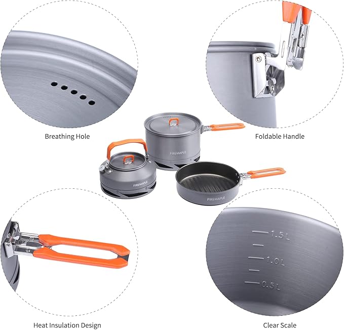 Fire-Maple Feast 4 Piece Camping Cookware Cookware Cookware Kit Outdoor Cookware Set with Pots, Kettle, Saucepans and Spatula for Hiking Fishing Picnic