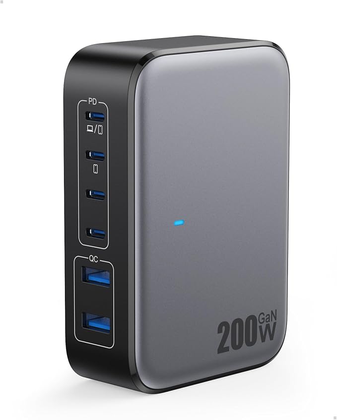 USB C Charger Block 200W with Wall Plug,6 Ports GaN IV Charging Station Hub,QC4.0+PD 65W USB C Laptop Charger Adapter Compatible with MacBook Air/Pro,DELL,iPhone 16/15/14,iPad,Steam Deck,Galaxy-Black