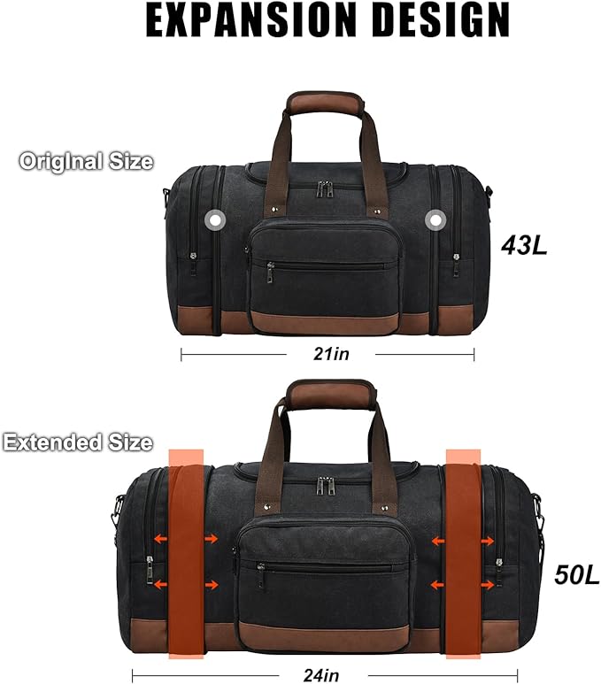 Dimayar Canvas Duffle Bag for Travel,Expandable Carry on Bag,Overnight Weekend Gym Bag Duffel Bag Mens Travel Bag