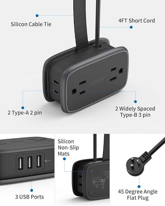 2 Pack Power Strip with USB Ports, 4 Outlets 3 USB Ports, NTONPOWER Small Power Strip with 4ft Short Extension Cord Retractable, Compact Size for Travel, Home Office, Hotel, Black