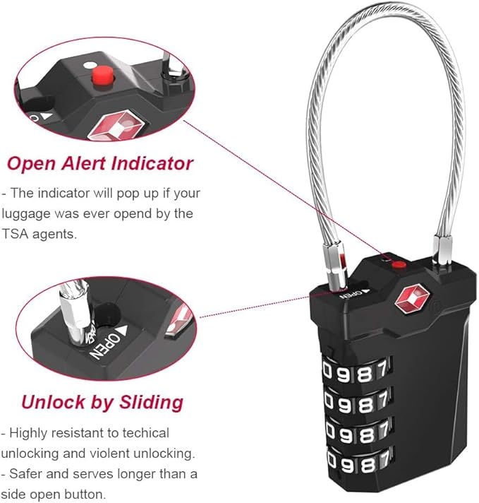 ZHEGE TSA Approved Cable Locks Flexible, Travel Lock Zipper Bag, 4 Digit Luggage Combination Lock with Open Alert Indicator for Suitcase, Backpack, Baggage (1 Pack, Yellow)