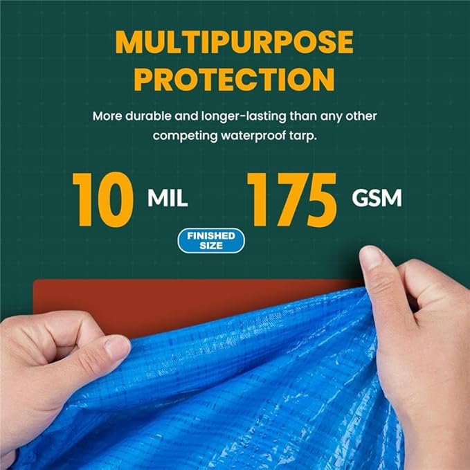 Large Waterproof Tarp - Heavy Duty 10 Mil Thick Poly Tarpaulin Ideal for Canopy Tents, Boats, RV or Pool Covers - Multipurpose Protective Tarps with Grommets for Indoor, Outdoor Use | 6' x 8' 2 Pack