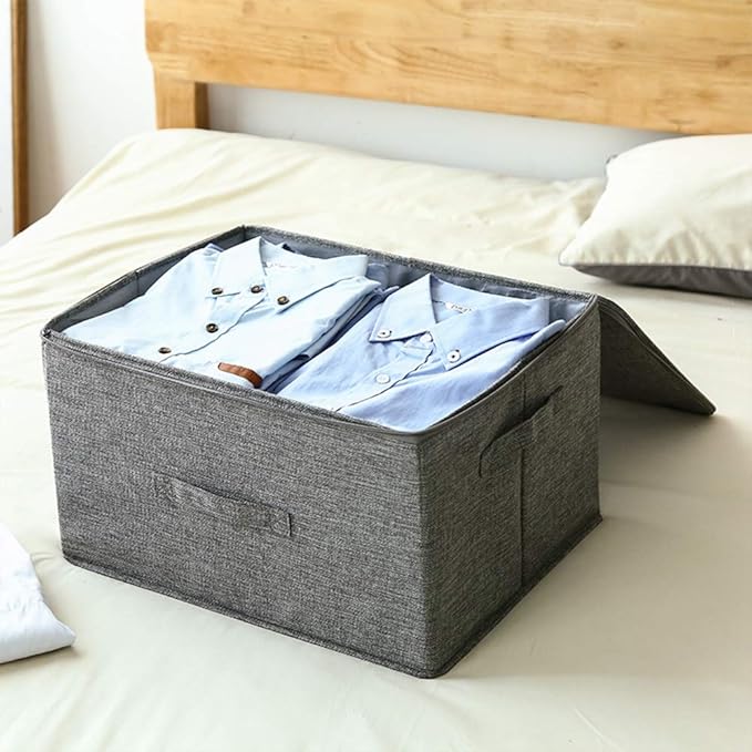ANMINY 3PCS Storage Bins with Zipper Lids 51.9 Qt Lidded Fabric Storage Boxes Baskets Cubes with Handles Collapsible Washable Cotton Linen Closet Shelf Clothes Organizer - Gray, Extra Large