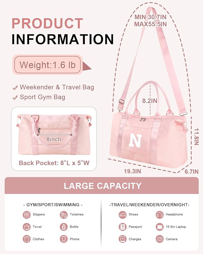 Initial Travel Duffel Bag Sports Gym Bag for Girls Teen Birthday Gifts,Pink Personalized Weekender Bag Carry On Tote Bags for Women Men,Waterproof Overnight Luggage Bag with Trolley Sleeve(Letter N)