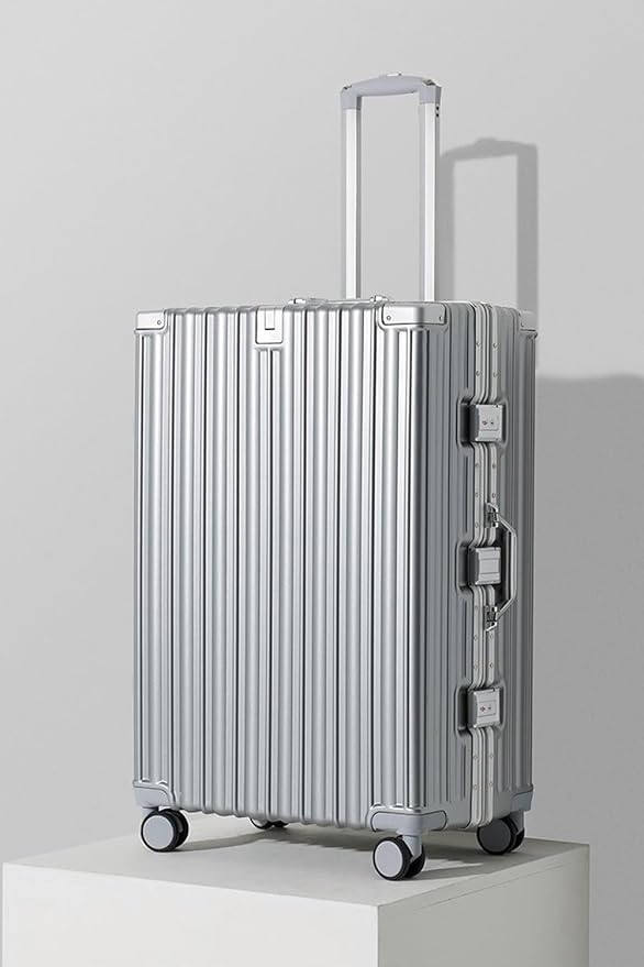 HotWay 26 Inch Aluminum Frame Luggage with Spinner Wheels, PC Hard Shell Suitcase with Cup Holder, Zipperless Luggage for Business Travel, Silver