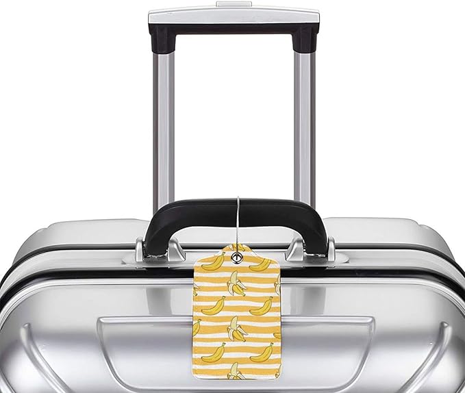 2 Packs Bananas Crew Luggage Tag for Adult Kids, Cute Yellow Background Fruit Suitcase Tag Labels Leather Travel Baggage Identifiers Tags with Full Back Privacy Name ID Card