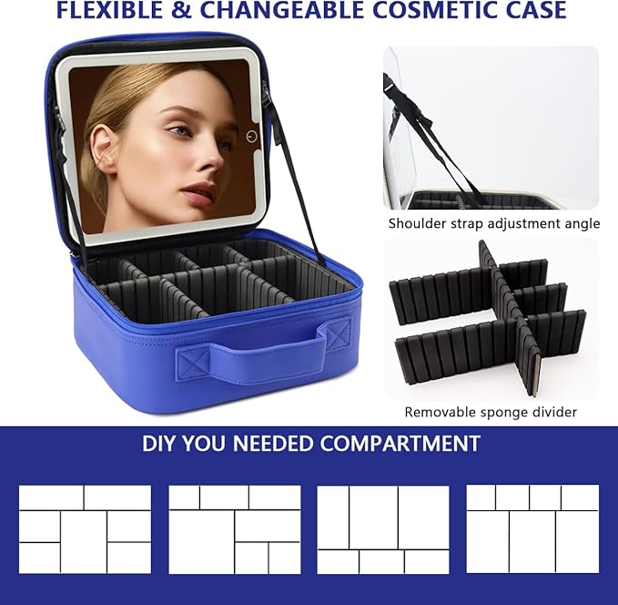 Travel Makeup Bag with LED Lighted Mirror, Travel Makeup Organizer,3 Color Setting Cosmetic Makeup Box, Adjustable Dividers and Brush Holder（dark blue）